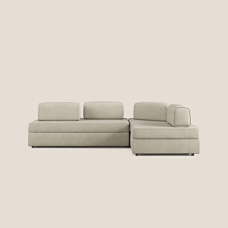 Liberty divano angolare con pouf estraibile e schienali movibili in tessuto morbido impermeabile T02 panna