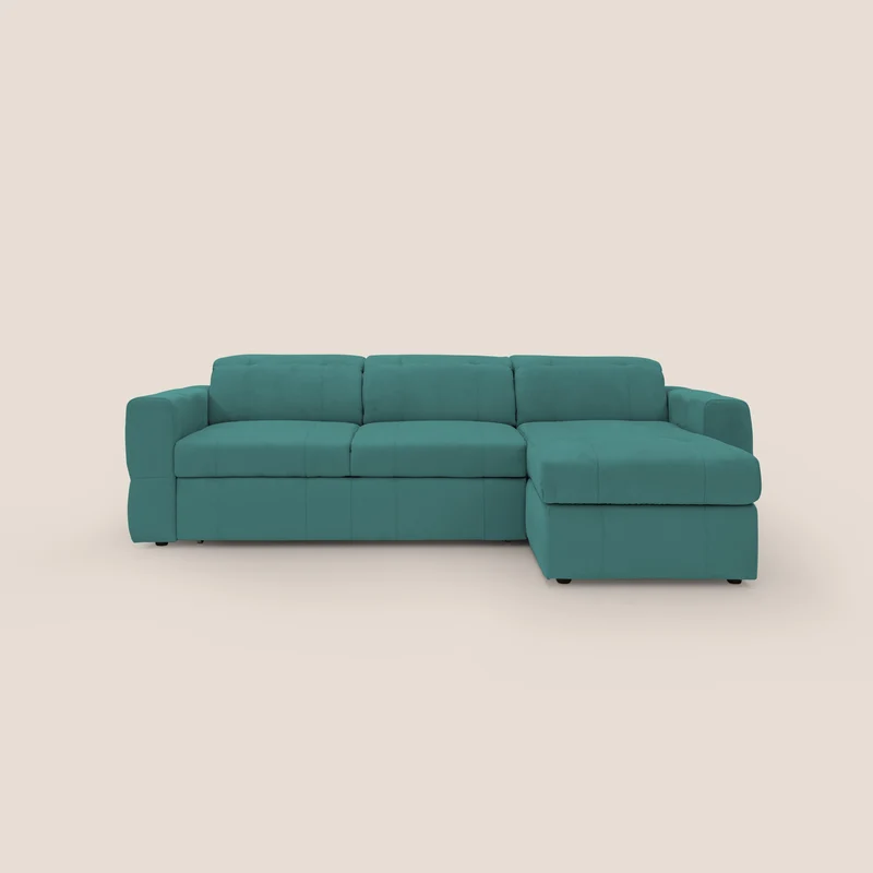 Kronos Divano angolare con pouf estraibile e penisola contenitore in microfibra impermeabile T11 petrolio