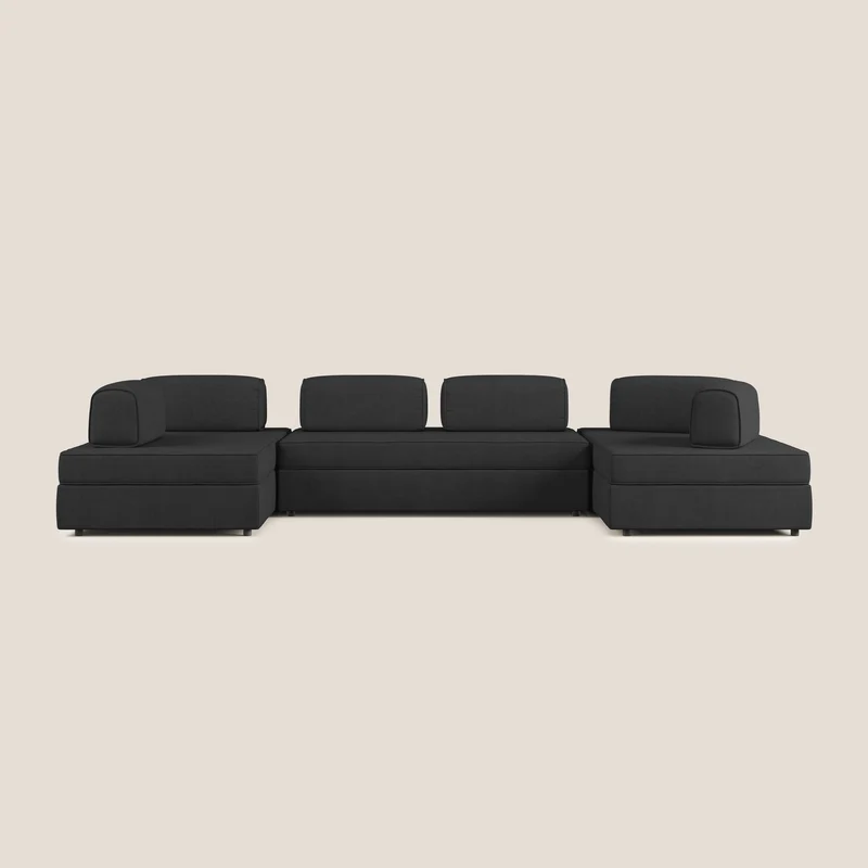 Liberty divano panoramico con pouf estraibile e schienali movibili in tessuto morbido impermeabile T02 nero