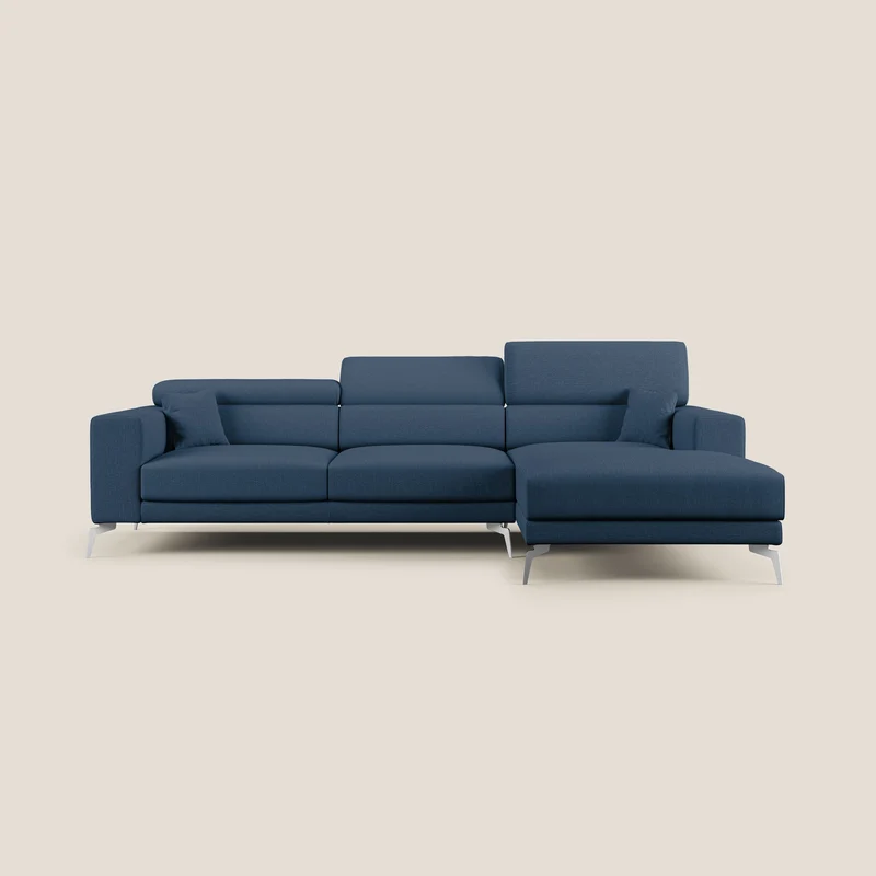 Blade Divano moderno angolare con poggiatesta reclinabili in tessuto impermeabile simil-cotone T13 blu