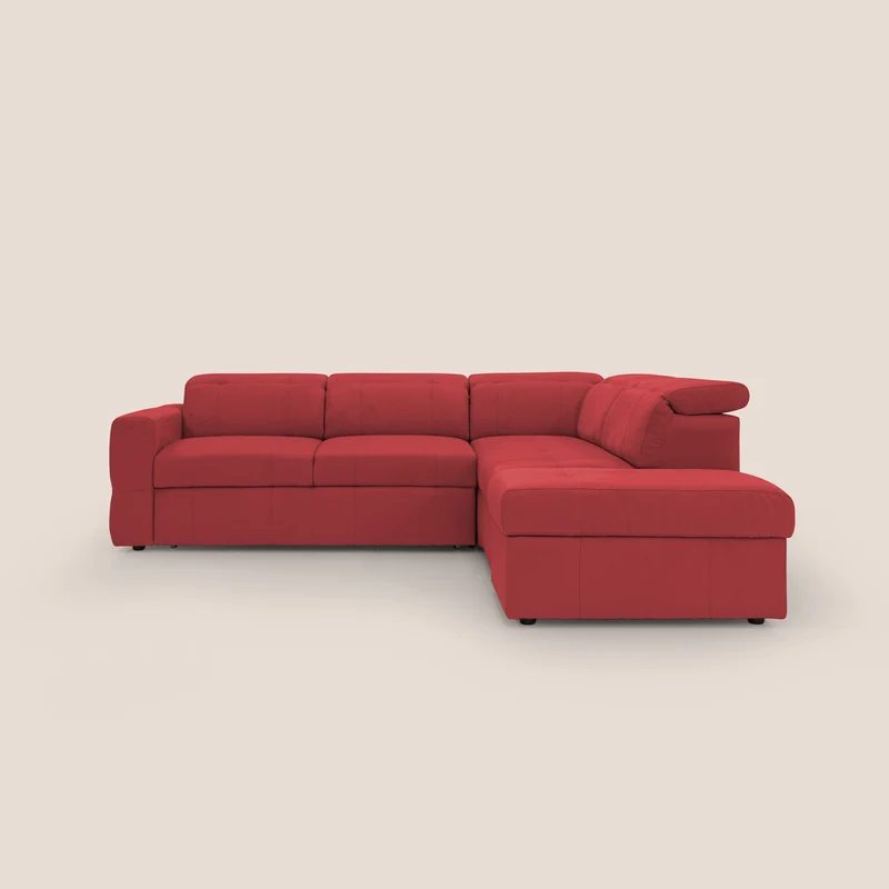Kronos Divano angolare con poggiapiedi estraibile e pouf contenitore mobile in microfibra impermeabile T11 rosso