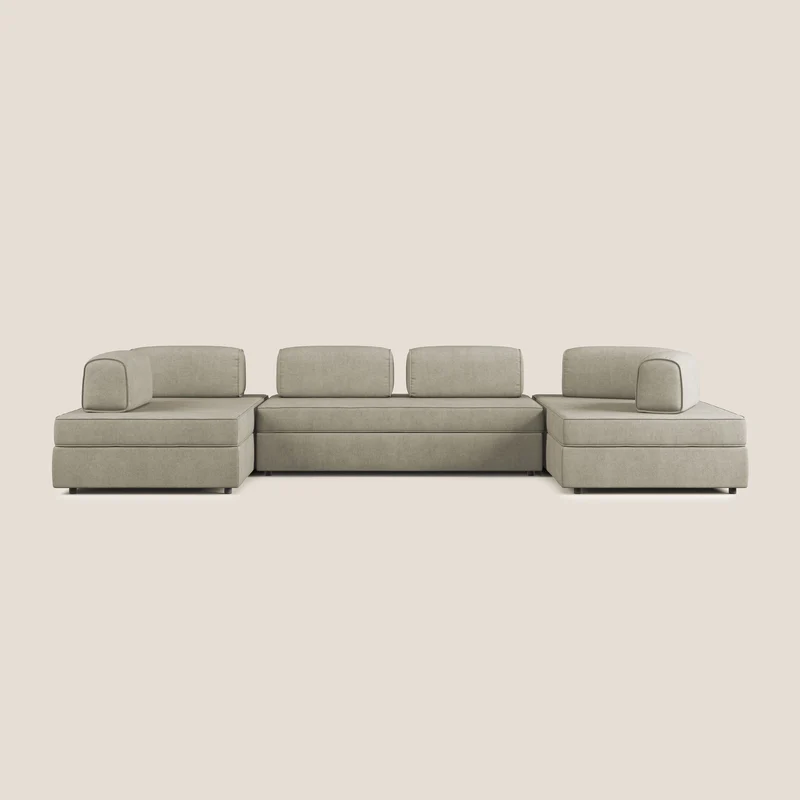Liberty divano panoramico con pouf estraibile e schienali movibili in tessuto morbido impermeabile T02 panna