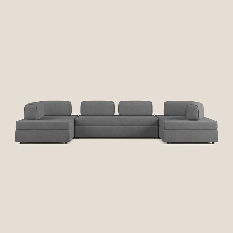 Liberty divano panoramico con pouf estraibile e schienali movibili in tessuto morbido impermeabile T02 grigio