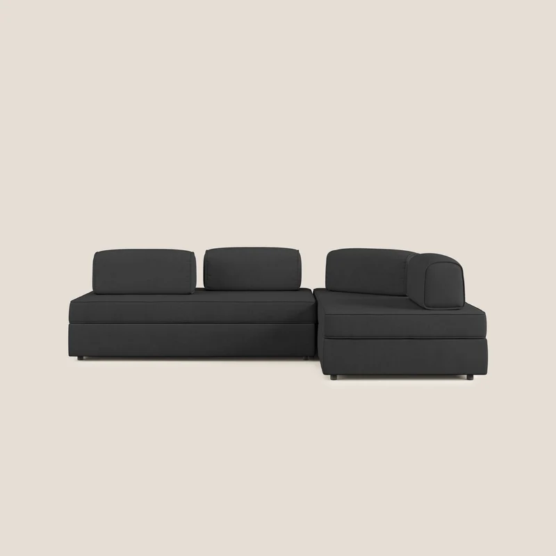 Liberty divano angolare con pouf estraibile e schienali movibili in tessuto morbido impermeabile T02 nero