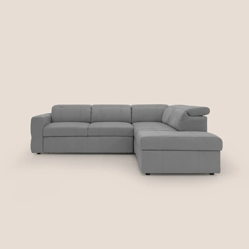 Kronos Divano angolare con poggiapiedi estraibile e pouf contenitore mobile in microfibra impermeabile T11 grigio