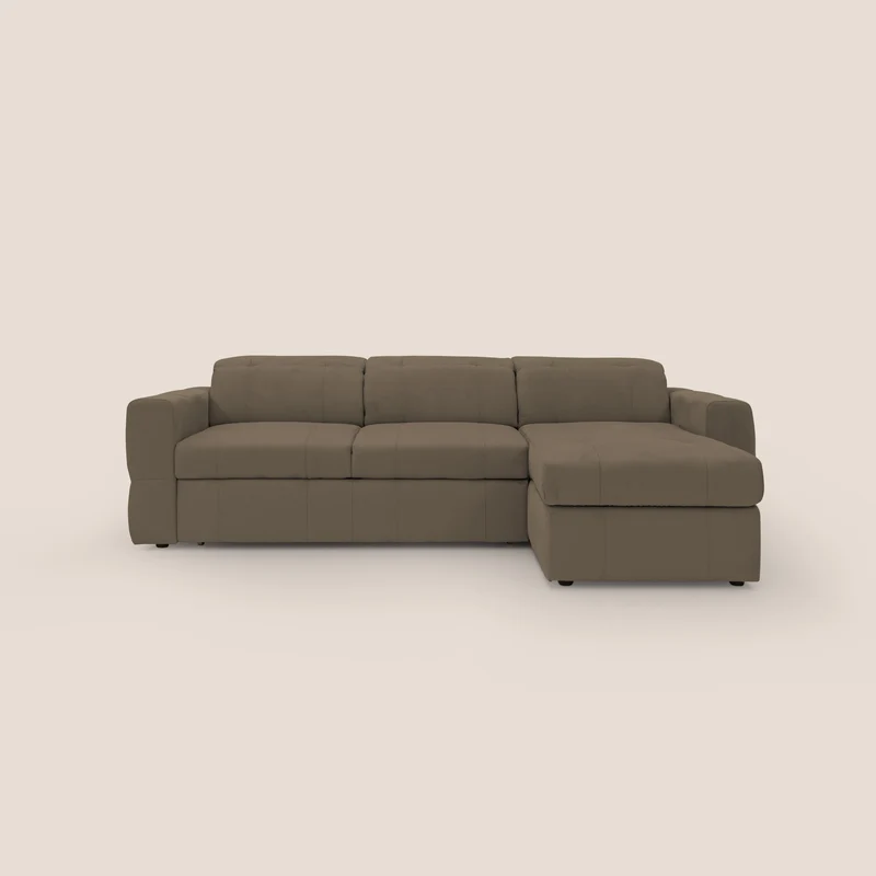 Kronos Divano angolare con pouf estraibile e penisola contenitore in microfibra impermeabile T11 marrone