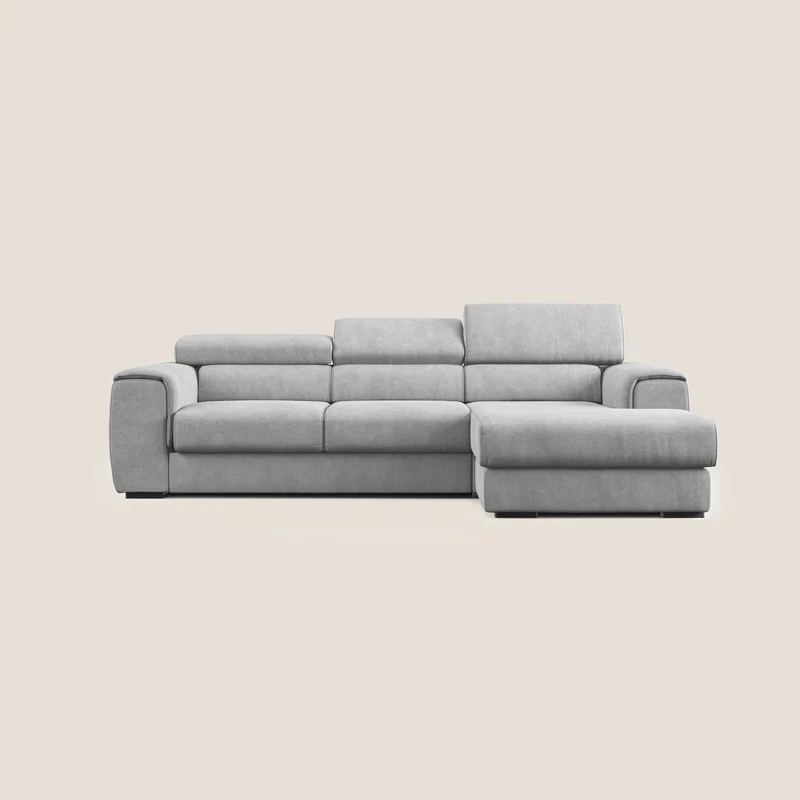 Zeno Divano angolare con pouf estraibile poggiapiedi in tessuto morbido impermeabile T02 grigio chiaro