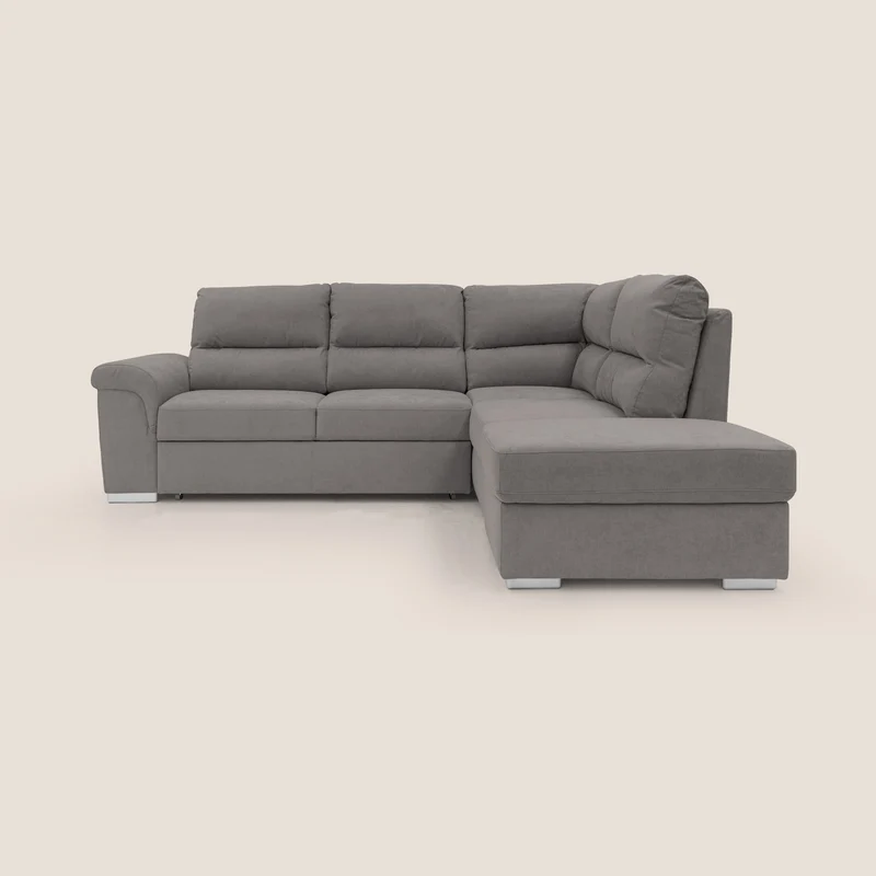 Minerva divano angolare con estraibile a cassettone e pouf contenitore in tessuto morbido impermeabile T02 grigio