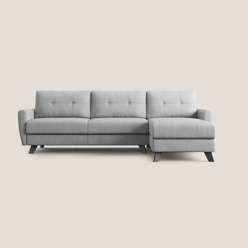 Callisto Divano letto angolare con penisola in tessuto morbido impermeabile T02 grigio chiaro