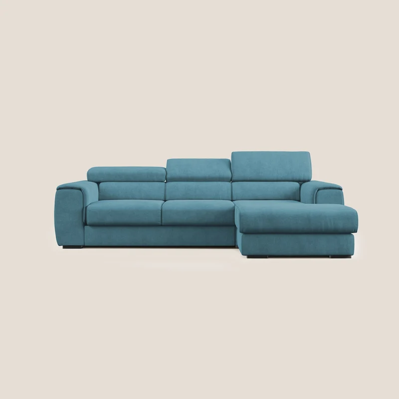 Zeno Divano angolare con pouf estraibile poggiapiedi in tessuto morbido impermeabile T02 azzurro