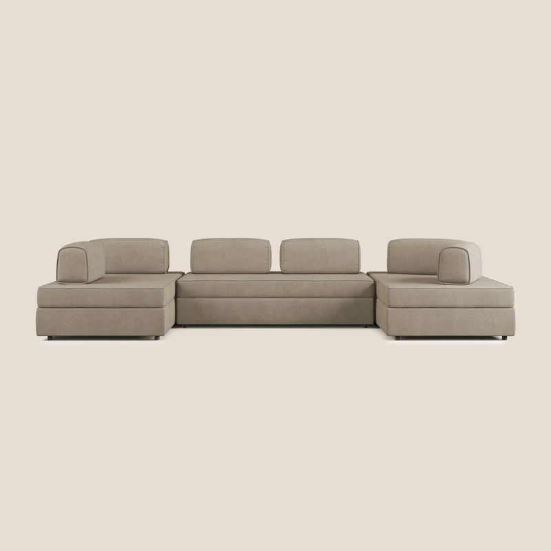 Liberty divano panoramico con pouf estraibile e schienali movibili in tessuto morbido impermeabile T02 beige