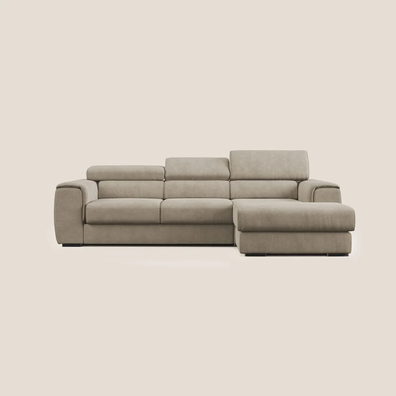 Zeno Divano angolare con pouf estraibile poggiapiedi in tessuto morbido impermeabile T02 beige