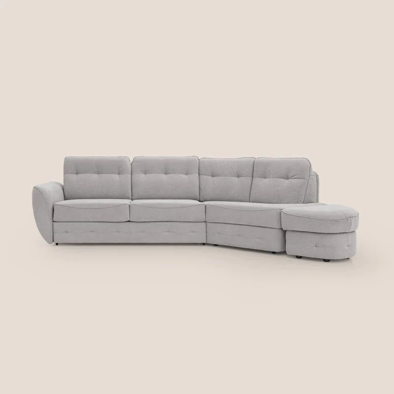Zeus divano letto angolare 338 cm DESTRO (mat. 160x197) con materasso H18 cm pouf mobile in tessuto impermeabile T02 GRIGIO CHIARO