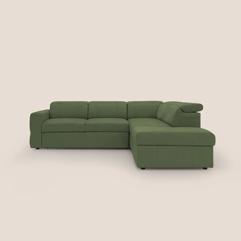 Kronos Divano angolare con poggiapiedi estraibile e pouf contenitore mobile in microfibra impermeabile T11 verde