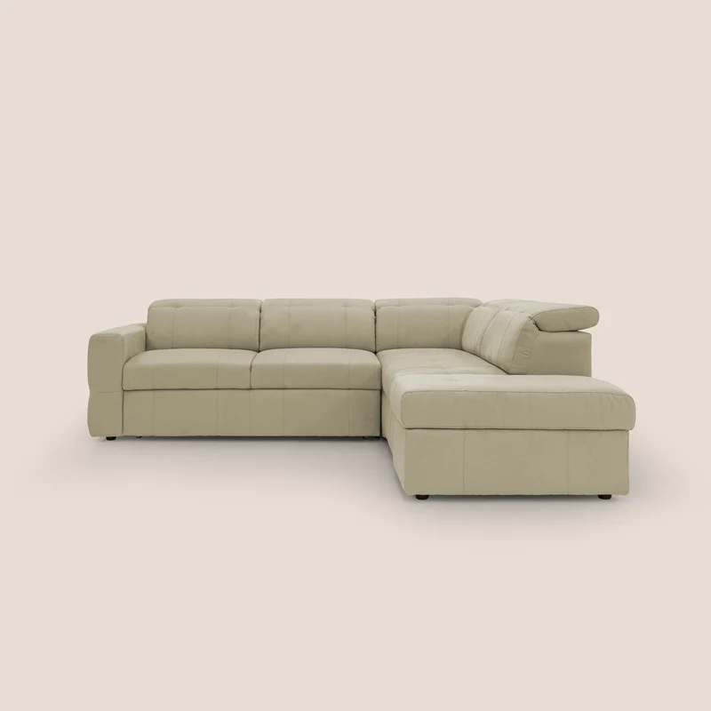 Kronos Divano angolare con poggiapiedi estraibile e pouf contenitore mobile in microfibra impermeabile T11 beige