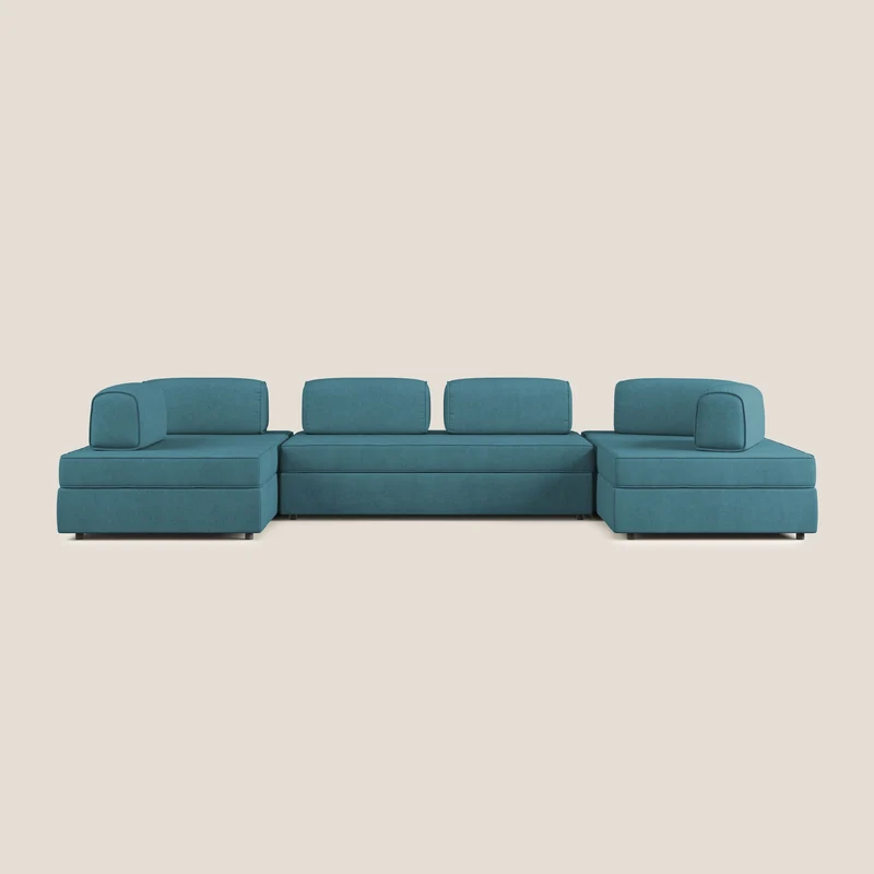 Liberty divano panoramico con pouf estraibile e schienali movibili in tessuto morbido impermeabile T02 azzurro