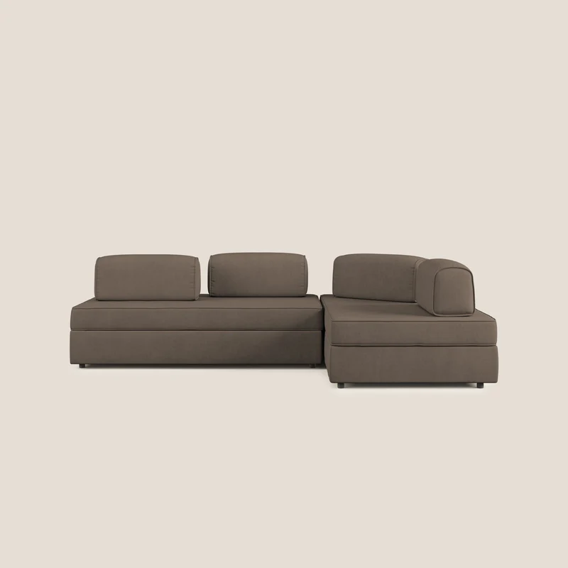 Liberty divano angolare con pouf estraibile e schienali movibili in tessuto morbido impermeabile T02 marrone