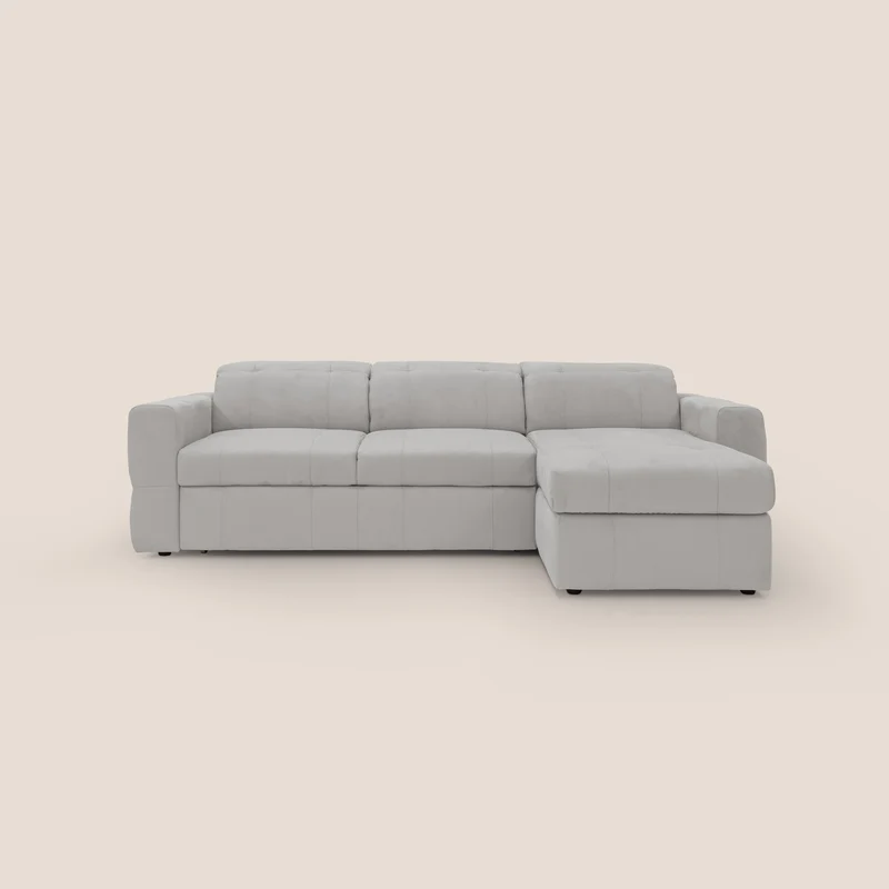 Kronos Divano angolare con pouf estraibile e penisola contenitore in microfibra impermeabile T11 grigio chiaro