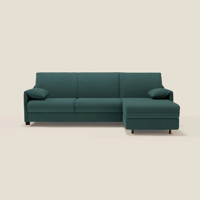 Primula divano letto angolare con materasso H18 cm - penisola contenitore in tessuto smacchiabile T05 verde