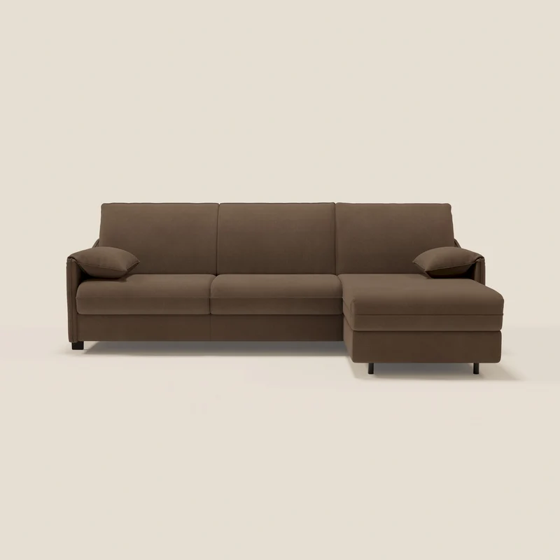 Primula divano letto angolare con materasso H18 cm - penisola contenitore in tessuto smacchiabile T05 marrone