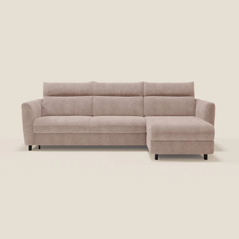 Peonia divano letto angolare con Penisola Contenitore - Materasso H18 cm in Bouclé Impermeabile T07 rosa