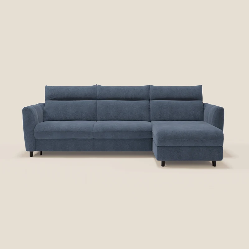 Peonia divano letto angolare con Penisola Contenitore - Materasso H18 cm in Bouclé Impermeabile T07 blu