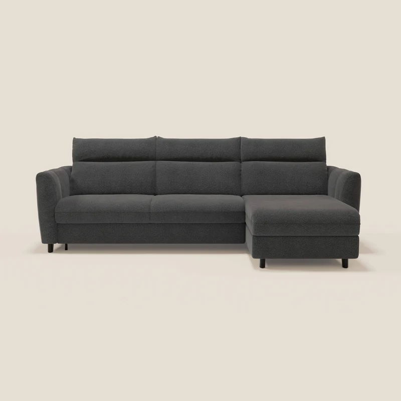Peonia divano letto angolare con Penisola Contenitore - Materasso H18 cm in Bouclé Impermeabile T07 antracite