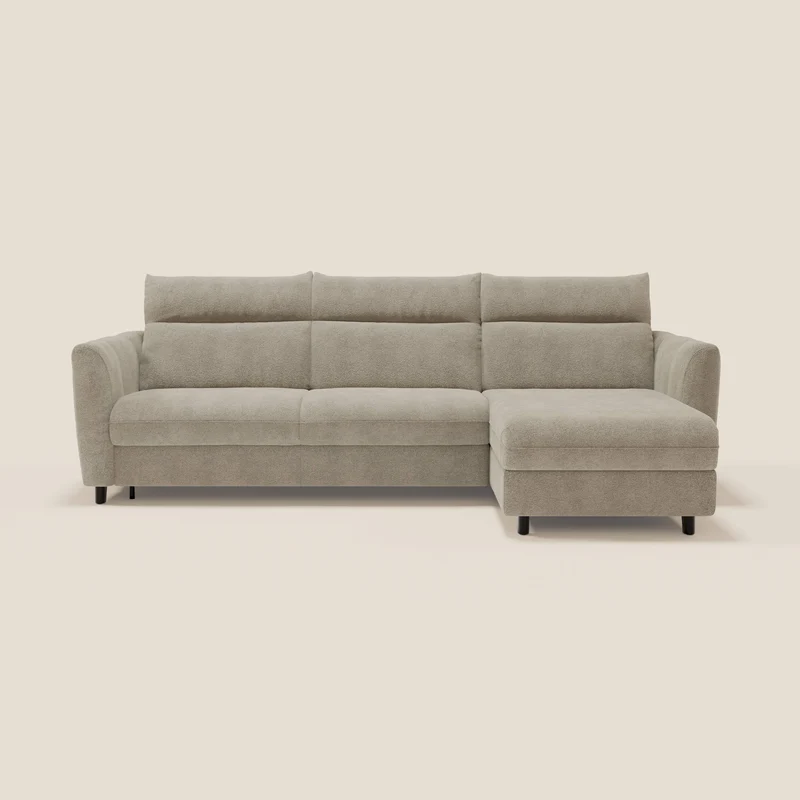 Peonia divano letto angolare con Penisola Contenitore - Materasso H18 cm in Bouclé Impermeabile T07 beige