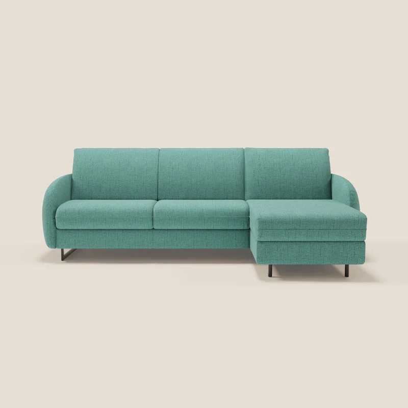 Ninfea Divano Letto Angolare con Penisola Contenitore e Materasso H18 cm - piedini in metallo e Tessuto impermeabile T03 verde acqua