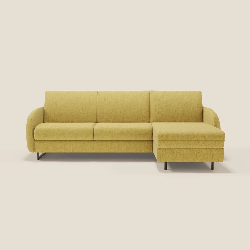Ninfea Divano Letto Angolare con Penisola Contenitore e Materasso H18 cm - piedini in metallo e Tessuto impermeabile T03 giallo
