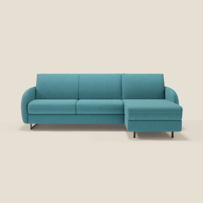 Ninfea Divano Letto Angolare con Penisola Contenitore e Materasso H18 cm - piedini in metallo e Tessuto impermeabile T03 azzurro
