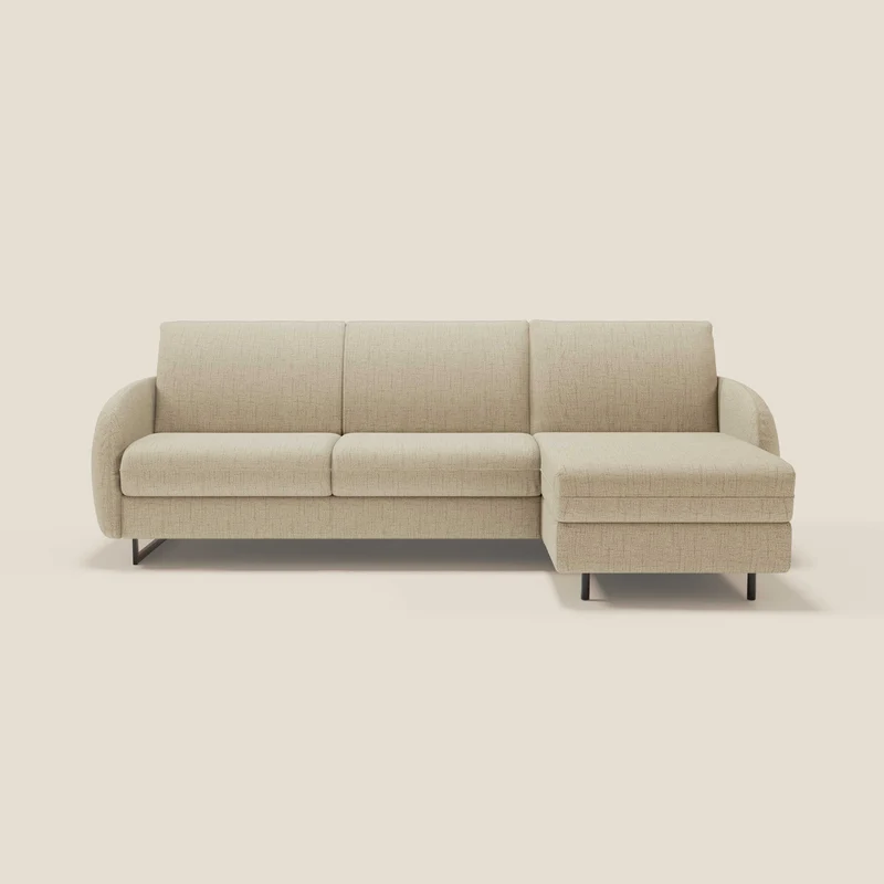 Ninfea Divano Letto Angolare con Penisola Contenitore e Materasso H18 cm - piedini in metallo e Tessuto impermeabile T03 beige