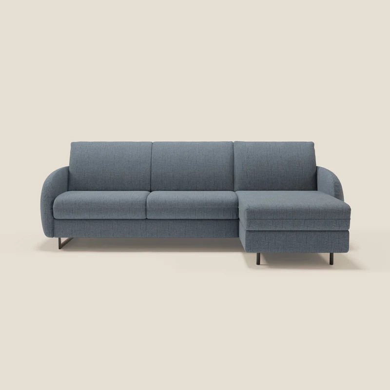 Ninfea Divano Letto Angolare con Penisola Contenitore e Materasso H18 cm - piedini in metallo e Tessuto impermeabile T03 blu