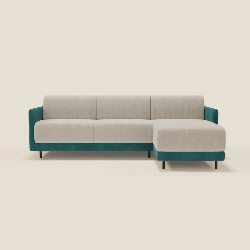 Narciso divano letto angolare con materasso alto 18 cm e penisola contenitore in tessuto bicolore impermeabile T11 e T06 petrolio - panna