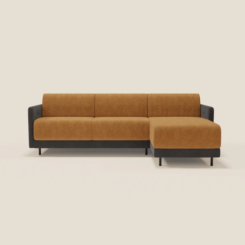 Narciso divano letto angolare con materasso alto 18 cm e penisola contenitore in tessuto bicolore impermeabile T11 e T06 nero - ocra