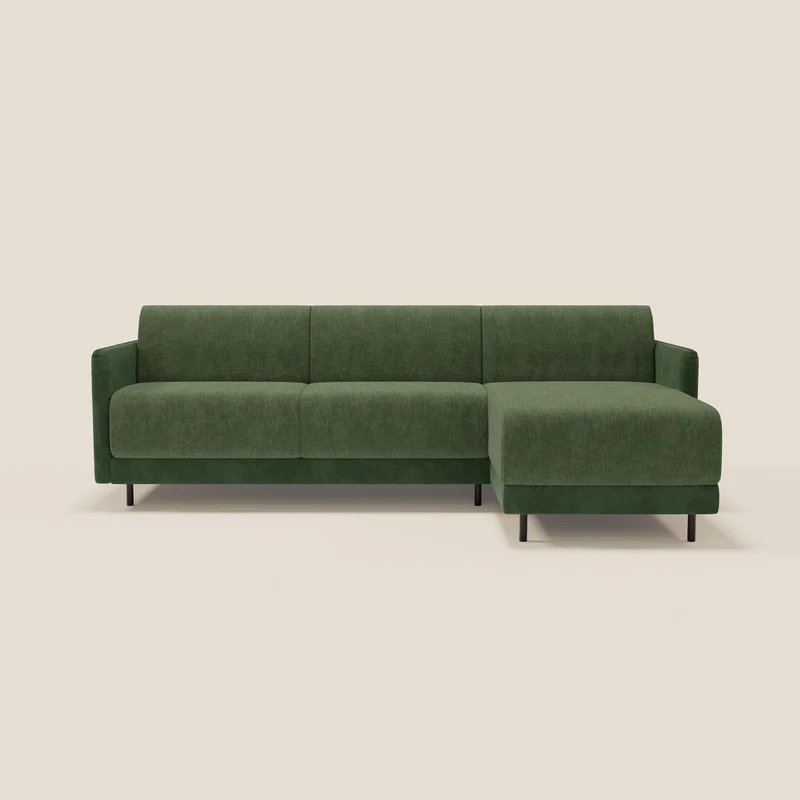 Narciso divano letto angolare con materasso alto 18 cm e penisola contenitore in tessuto bicolore impermeabile T11 e T06 verde - verde
