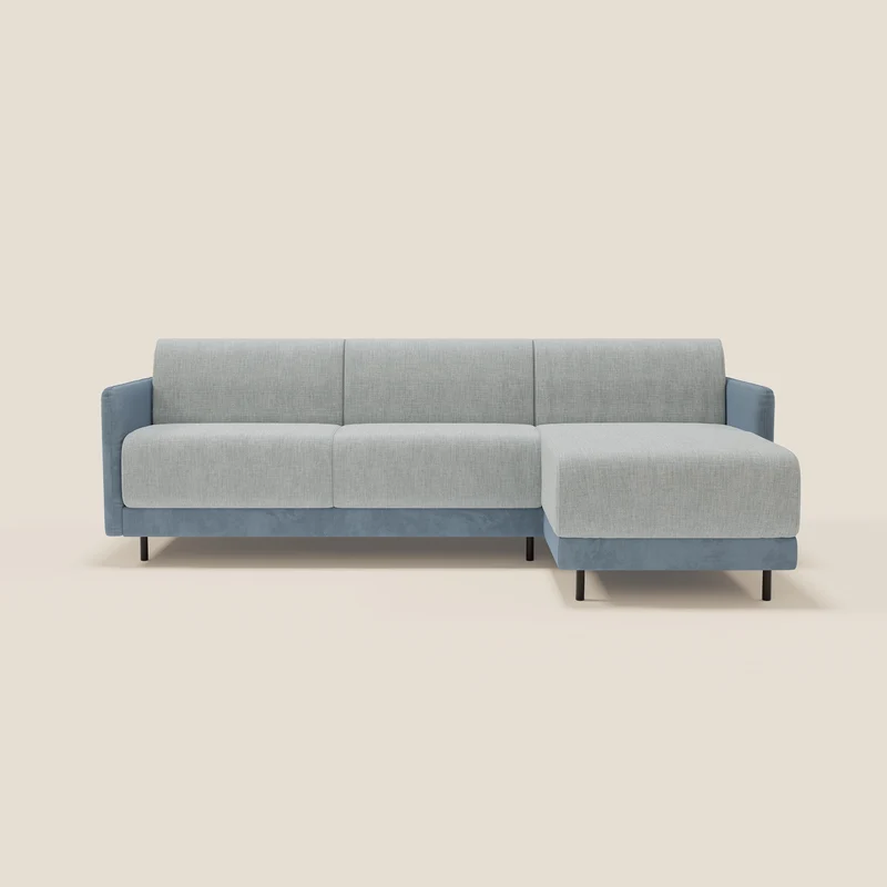 Narciso divano letto angolare con materasso alto 18 cm e penisola contenitore in tessuto bicolore impermeabile T11 e T06 carta da zucchero - ghiaccio