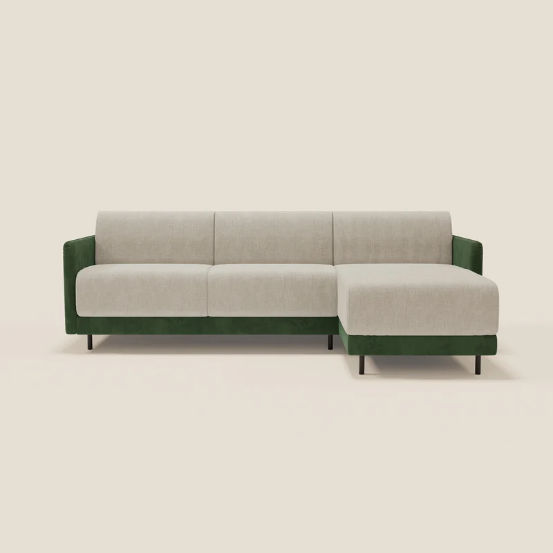 Narciso divano letto angolare con materasso alto 18 cm e penisola contenitore in tessuto bicolore impermeabile T11 e T06 verde - panna