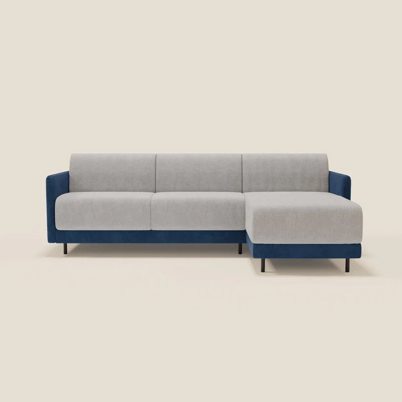Narciso divano letto angolare con materasso alto 18 cm e penisola contenitore in tessuto bicolore impermeabile T11 e T06 blu - grigio chiaro