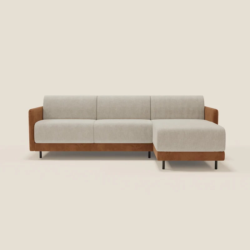 Narciso divano letto angolare con materasso alto 18 cm e penisola contenitore in tessuto bicolore impermeabile T11 e T06 cuoio - panna