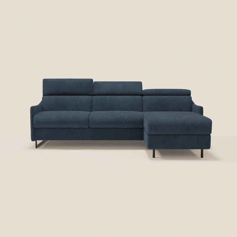 Loto Divano Letto Angolare con Penisola contenitore, Poggiatesta, Materasso Alto H18 in morbido tessuto impermeabile T14 blu