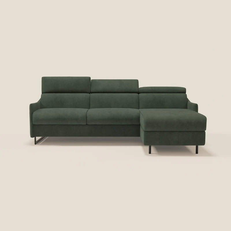 Loto Divano Letto Angolare con Penisola contenitore, Poggiatesta, Materasso Alto H18 in morbido tessuto impermeabile T14 verde